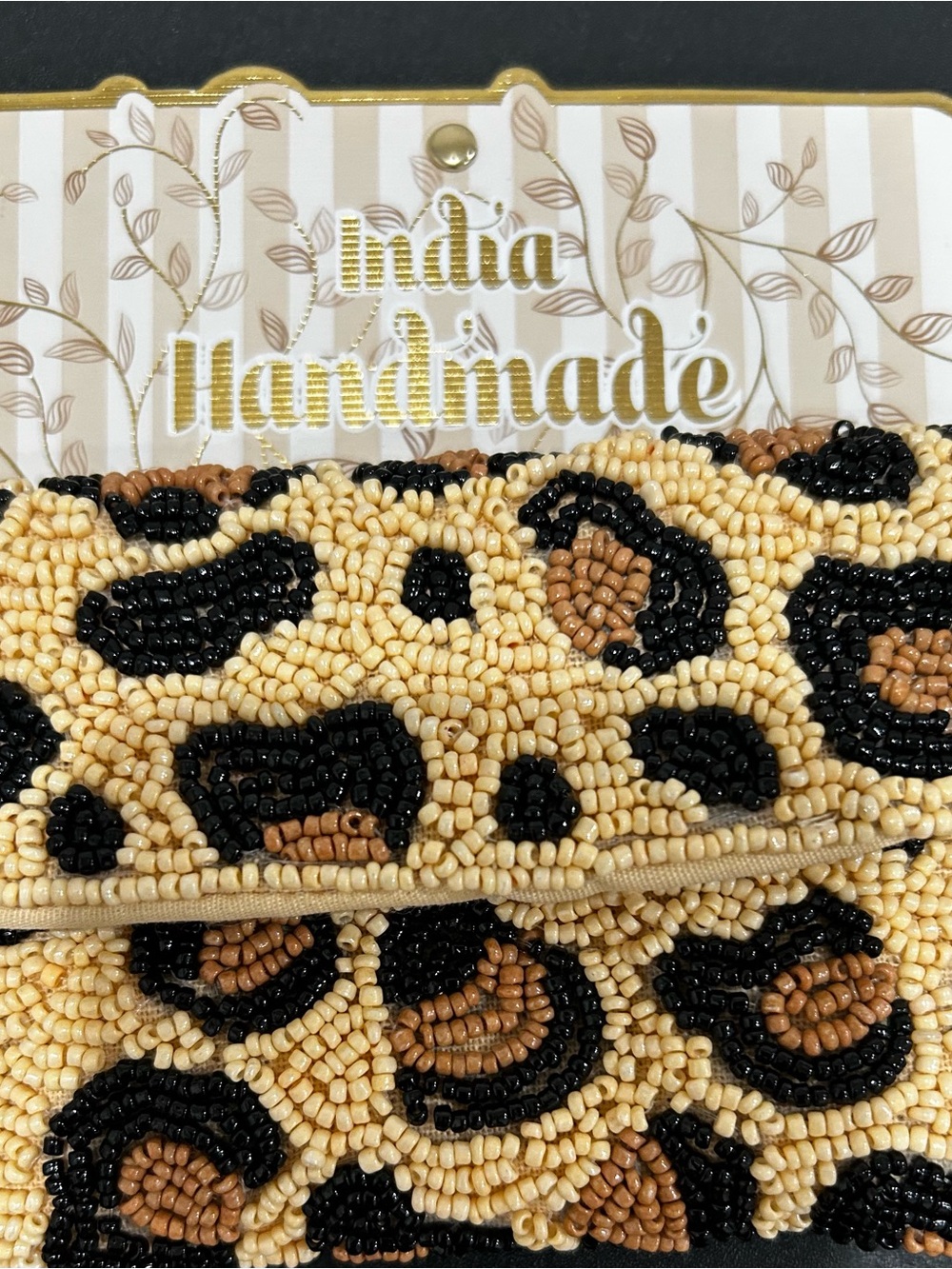 Handmade Beaded Leopard Print Clutch - Beige, Black & Brown